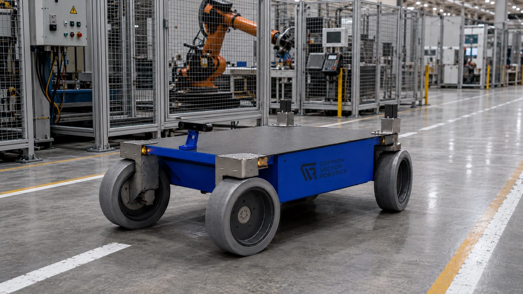GL-1 autonomous payload base on a factory floor beside robotic assembly cells
