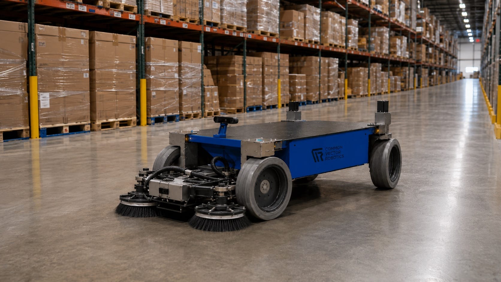 GL-1 with floor-sweeper attachment working a warehouse aisle